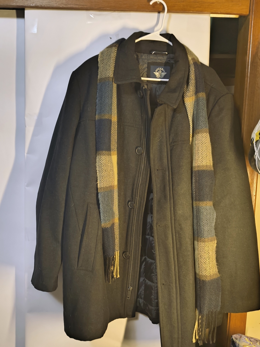 Dockers Black Men's Pea Coat with Blue and Tan Plaid Scarf
